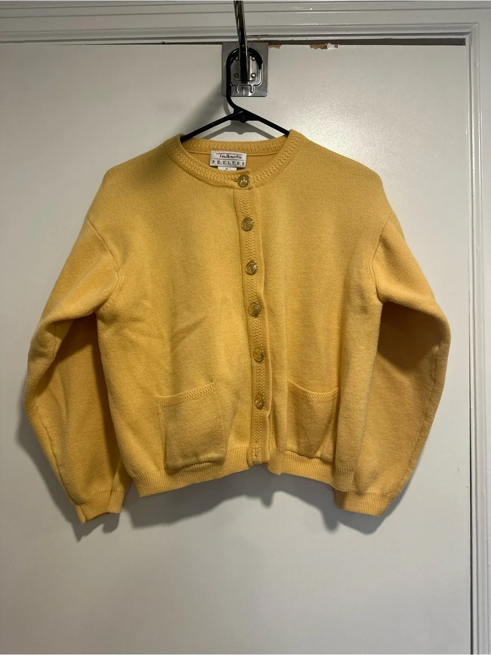 VTG 80s Talbots Petites Sz: PL Preppy yellow merino wool cardigan gold buttons.